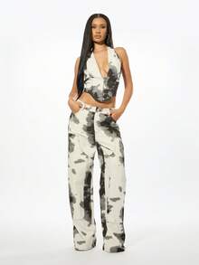 SUMWON WOMEN Jeans de pierna ancha y holgada de mezclilla con estampado de vaca de talle bajo para mujer, estilo de calle para otoño e invierno - Blanco y Negro - Ver 6