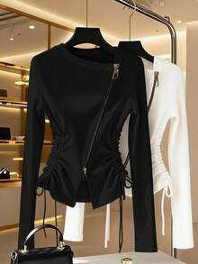 Franclia 时尚法式侧收不对称领金属拉链白色女式长袖 T 恤，春秋 - 黑色 - 查看 1