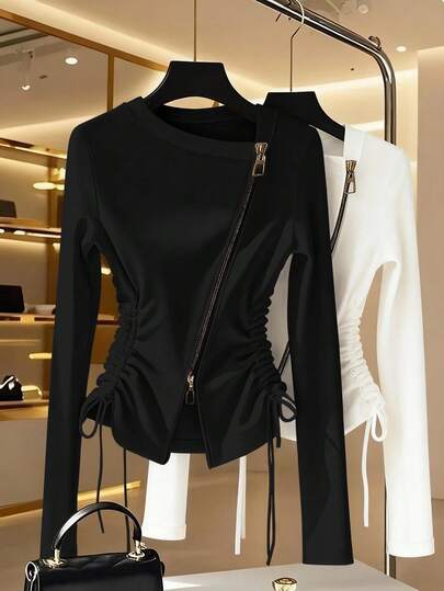 Franclia Modisches französisches Chic-Shirt mit seitlicher Raffung, asymmetrischem Kragen, Metallreißverschluss und Langarm für Damen, Frühling/Herbst