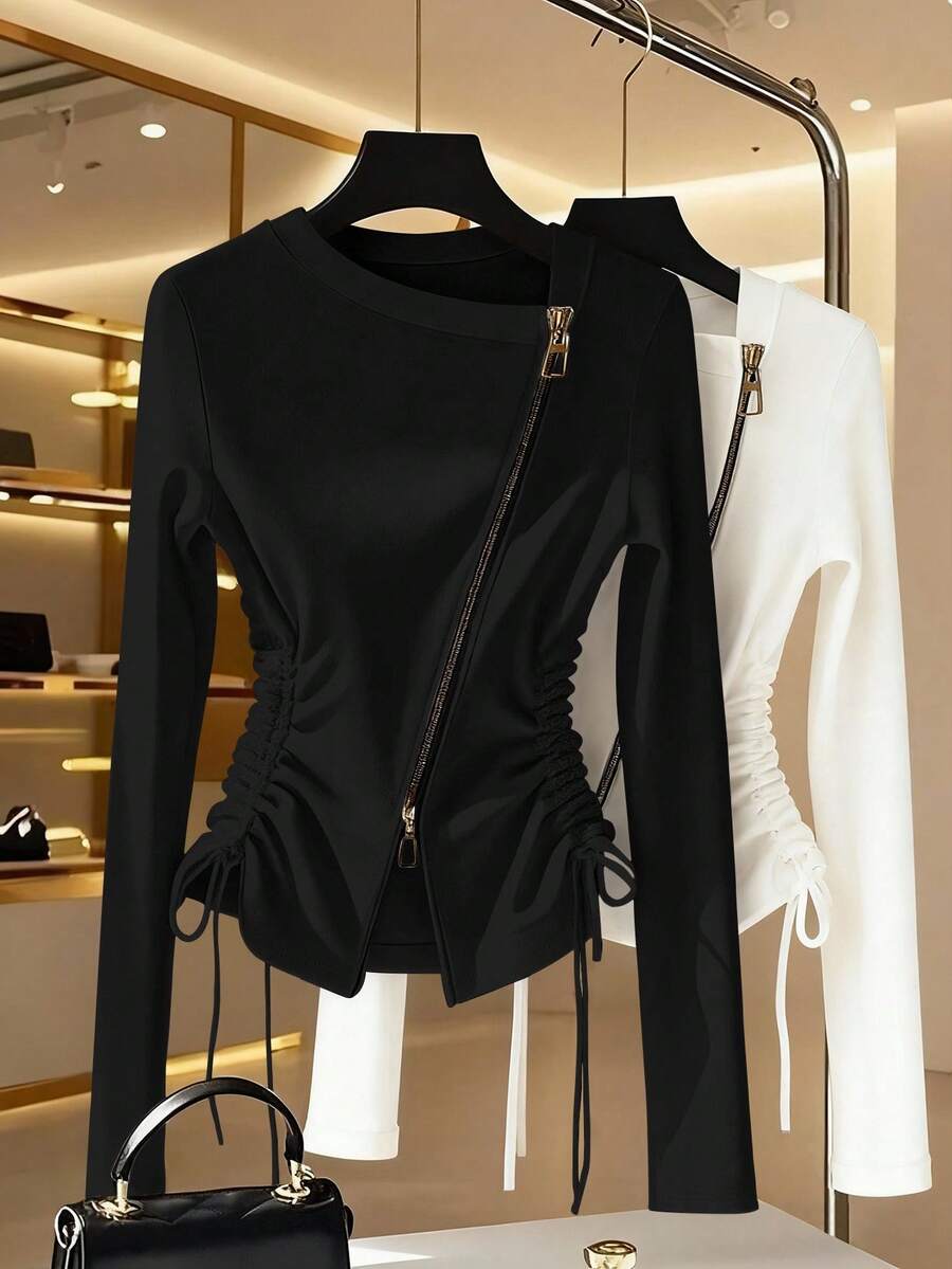 Franclia 时尚法式侧收不对称领金属拉链白色女式长袖 T 恤，春秋 - 黑色 - 查看 1