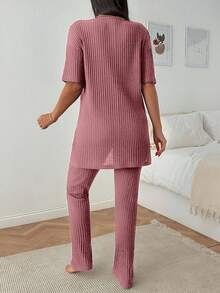EURMUSE Women Cotton 2 Pcs V Neck Short Sleeve Homewear Lounge Set Lounge Dusty Pink Autumn Casual - Pink - View 2