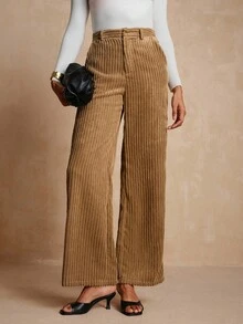Vesra Women's Wide Leg Pants With Corduroy Texture And Side Pockets - Coffee Brown - View 3