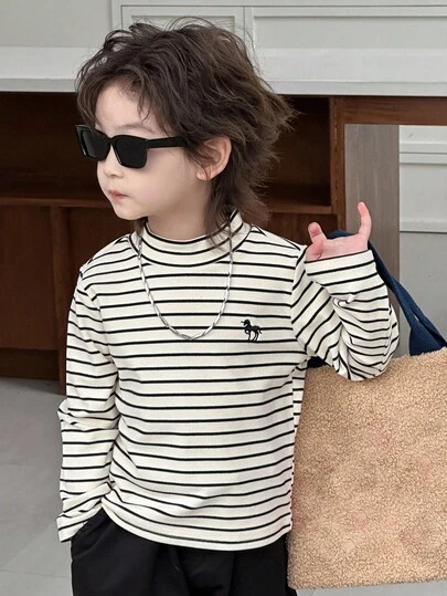 DAZY 男童休闲宽松印花刺绣街头风T恤，秋季长袖上衣