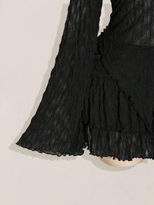 SHEIN ICON Plus Size Lettuce Edge Asymmetric Hem See-Through Top (Without Bra) , Double Layer Cake Skirt Two Pieces Set, Suitable For Autumn - Black - View 6