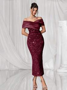 Coutiva 优雅落肩露背果绿色缎面拼接提花亮片下摆直裙后开衩派对礼服，适合生日派对、日常聚会、舞会礼服、鸡尾酒会、毕业典礼、学校开学派对等。