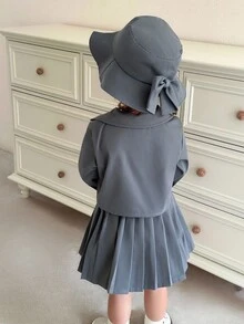 SHEIN 3pcs/Set Baby Girl British Style Grey Jacket Outfit - Double-Breasted Blazer, Pleated Skirt, And Hat Fall Winter - Grey - View 2