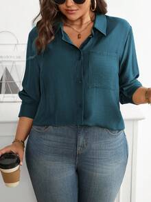 Vionelle 大码休闲百搭纯色长袖衬衫 - 水鴨藍 - 查看 1