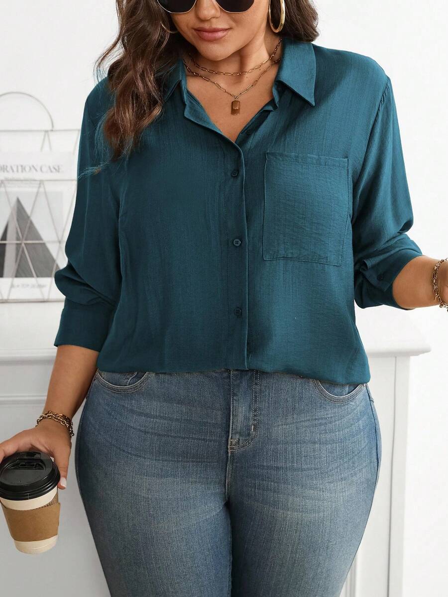 Vionelle 大码休闲百搭纯色长袖衬衫 - 水鴨藍 - 查看 1