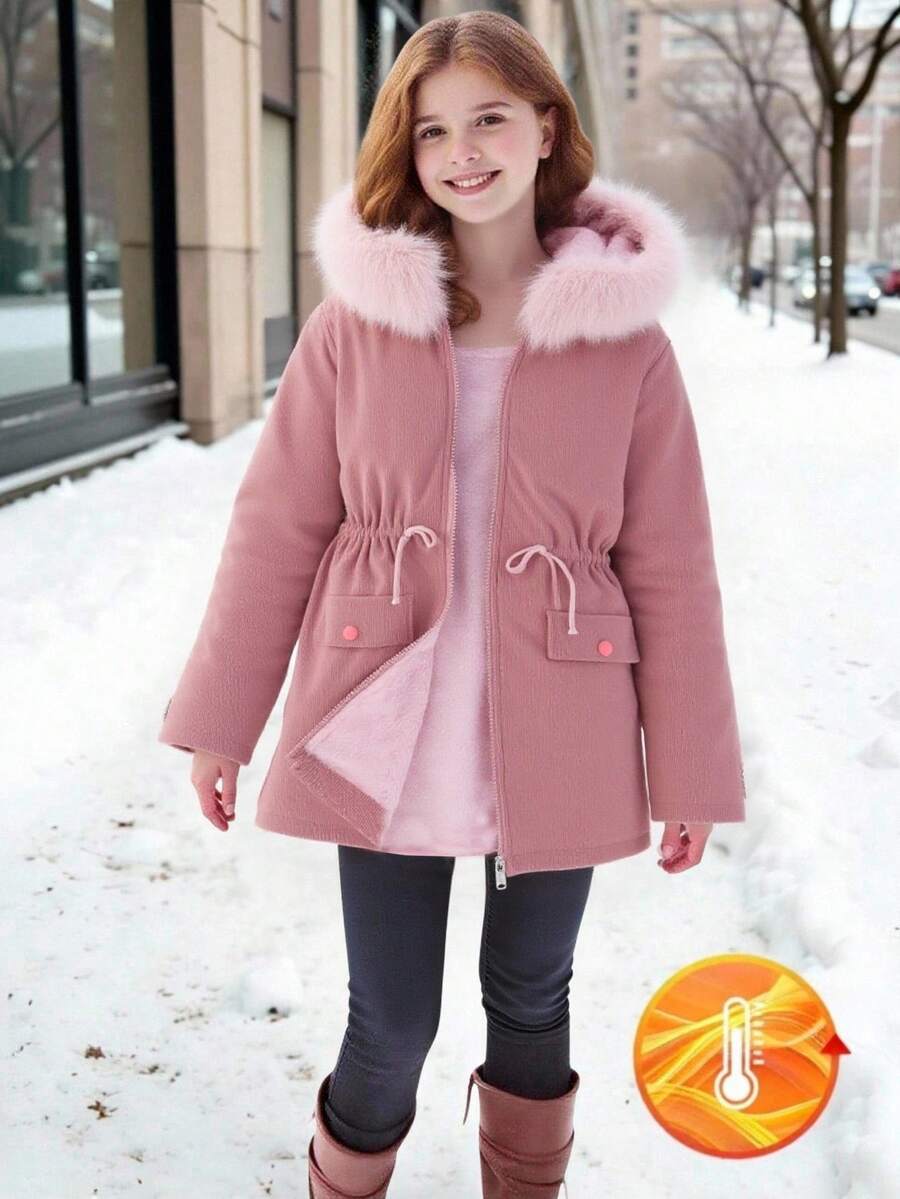 SHEIN 女式连帽仿毛领夹棉派克大衣，中长款，粉色，秋冬 - 粉色 - 查看 1