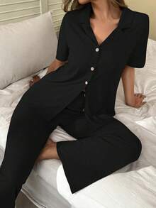 SHEIN Soft & Skin-Friendly Cardigan Button Closure Unisex Casual Pajama Set Black Lounge Set Sleep Wear Women Button Front