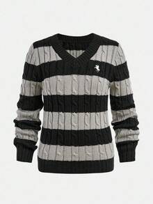 SHEIN 少女条纹V领学院风撞色修身舒适套头针织毛衣秋冬 - 黑色 - 查看 6