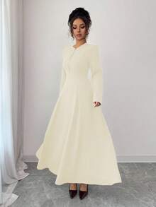 Selianne Robe mi-longue élégante pour femmes, col rond, fermeture éclair avant, design Top de gamme ajusté à la taille avec manches longues évasées. Couleur marron café, convient pour les déplacements en automne