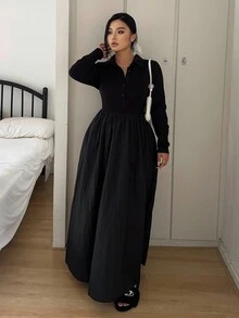 Flirla Plus Size Women's Collared Pocket Long Sleeve Ribbed Knit Jacquard Black Fitted Waist A-Line Midi Dress, Elegant Vintage Cute Casual - Black - View 6