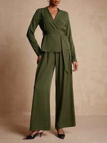 Vesra Women's Solid Color Waist Belt Long Sleeve Top And Pants Casual 2 Pieces Set - Army Green - View 3