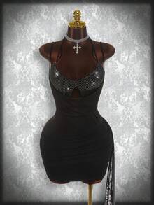 Amplova Y2K Amplova Party Plus Size Dresses Sequined Triangle Bra Strap Sleeveless Sexy Mesh Wrap Stitching Tight Hip Mini Dress Elegant Dresses For Women Wedding Guest Dress Party Dress