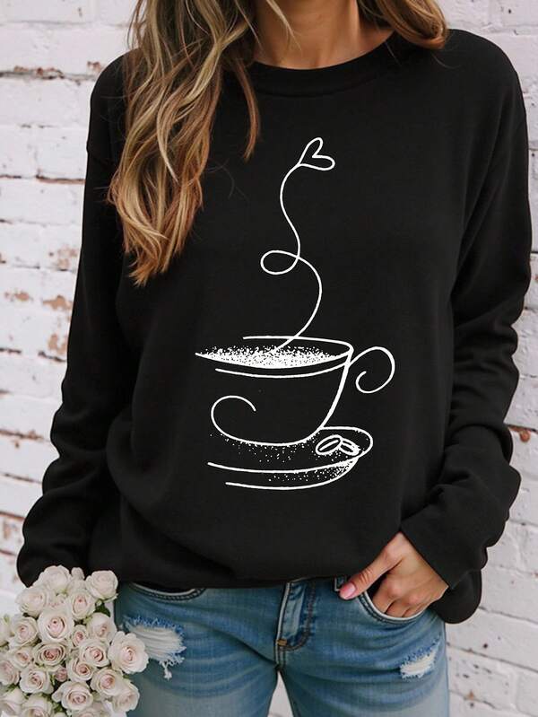 EMERY ROSE Camiseta de manga larga con cuello redondo y estampado de taza de té, de talla grande, para mujer, de estilo casual, para otoño y primavera