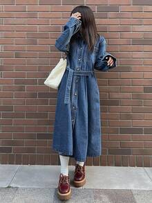 FRIFUL Women's Casual Washed Front Button Denim Dress, Autumn Denim Maxi Dress Women Jean Dress Long Sleeve Denim Dress Women Denim Dress - Blue - View 3