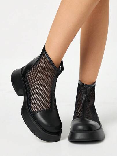 Grunge Punk 2025 Nuova versione coreana Stivali traspiranti in rete traforata per donne, con platform, stile studente, stivali in pelle