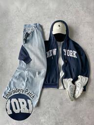 Manfinity Dauomo 뉴욕 레터 프린트 아플리케 자수 캐주얼 긴소매 지퍼업 후드티, 다용도 가을/겨울 겉옷