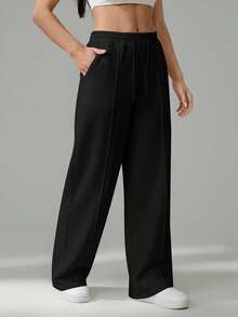 SHEIN Tall Women's Fall Pebble Detail Straight-Leg Sweatpants Baggy - Black - View 7
