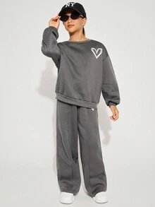 Radiana Tween Mädchens Casual Set mit Herz Muster, einfarbig, locker fallende Schulter, Langarm-Kapuzenpullover und Jogginghose mit weitem Bein - Grau - Übersicht 3