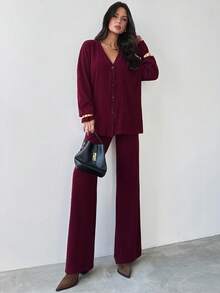 Firerie Ensemble de pull-cardigan bordeaux et pantalon large à taille élastique pour femmes, costume en fausse fourrure tricotée, tenue minimaliste de base, convenant pour le printemps, l'automne et l'hiver, élégant, pour le trajet, décontracté, quotidien, tenue de travail, tenue pour enseignantes