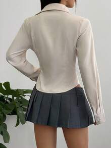 SHEIN PETITE 1pc Women's Apricot Woven Fabric Shirt, Waist Cinched, Button Up, Suitable For Workplace, Street, Casual, Commute, Spring/Autumn ,Petite Women - Apricot - View 2