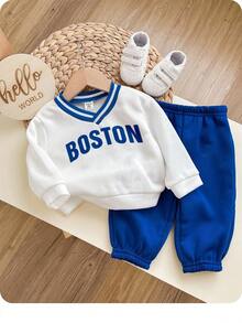 2 件套男婴/女婴蓝色羊毛图案 V 领运动衫和慢跑裤套装，适合秋冬户外休闲运动装 - 藍白色 - 查看 1