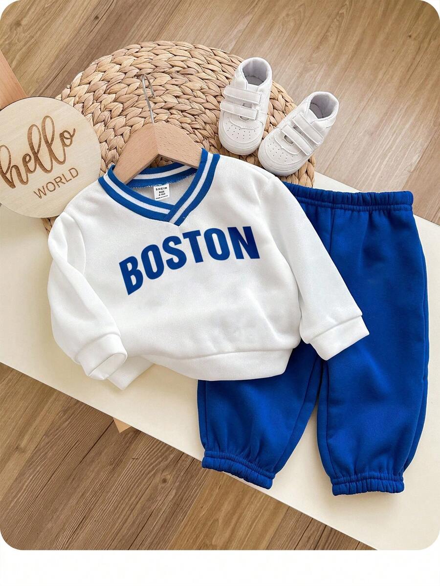 2 件套男婴/女婴蓝色羊毛图案 V 领运动衫和慢跑裤套装，适合秋冬户外休闲运动装 - 藍白色 - 查看 1