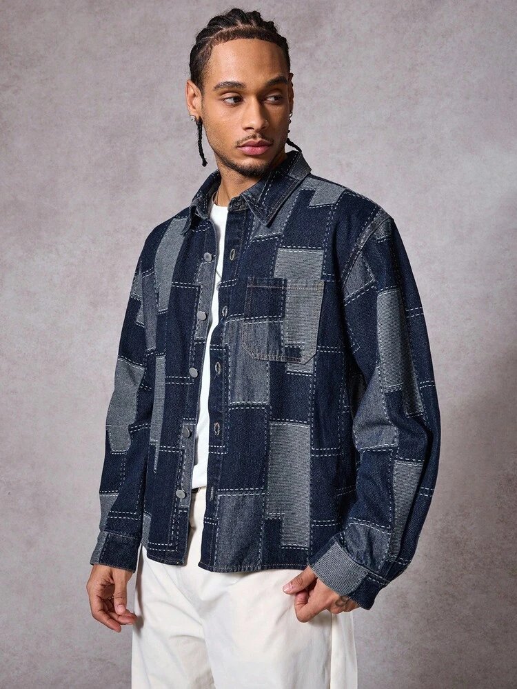 Men's Patchwork Denim Jacket, Streetwear Style, Multi-Color, Autumn