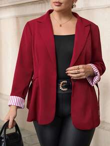 Chikora Blazer informal de talla grande para mujer con puños y solapa a rayas, blazers de talla grande de otoño para mujer, blazers de talla grande rojos, blazer rojo de mujer de talla grande, blazers de oficina de talla grande para mujer, chaqueta de traje de talla grande roja para mujer de invierno y otoño - Rojo - Ver 4