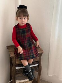 SHEIN 0-3岁秋冬红色格子套头衫+红色针织打底衫套装优雅淑女公主裙时尚装