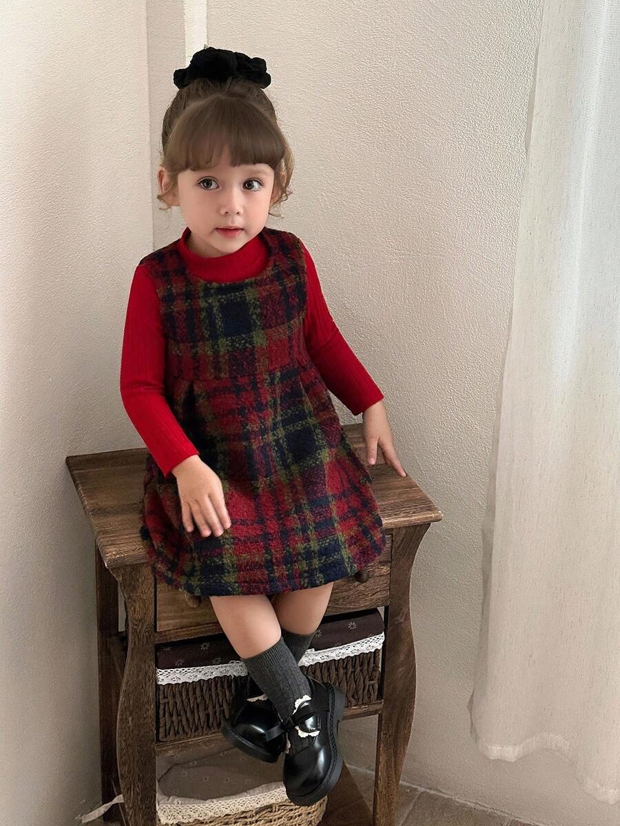 SHEIN 0-3岁秋冬红色格子套头衫+红色针织打底衫套装优雅淑女公主裙时尚装