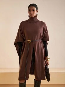 Zivah 2025 Winter New Style, Christmas, New Year, Birthday, Party, Banquet, Preppy Style, Student Wear, Everyday Outing, Basic Versatile, Casual, Cruise Travel, Influencer Style, Street Style, Elegant, Commuter, Business Casual, Exaggerated Turtleneck With Fold-Down Cape Style, High Front Slit, Dark Brown, Autumn/Winter Sweater Pullover, Winter Sweater Jacket, Christmas Sweater Jacket, New Year Sweater Jacket, Women's Sweater Jacket