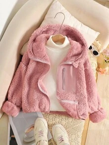 SHEIN 少女休闲户外保暖连帽拉链外套，带口袋，珊瑚粉色，姐妹装外套，秋冬季 - 藕粉色 - 查看 7