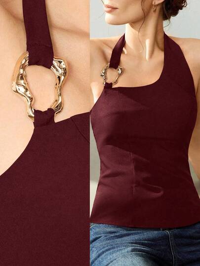 Uhlyne 女士优雅性感纯色修身露背上衣，夏季