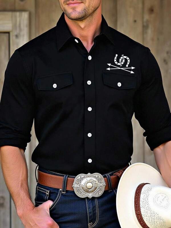 Manfinity Nomadique Camisa masculina casual de manga comprida estampada com botões frontais, para o outono