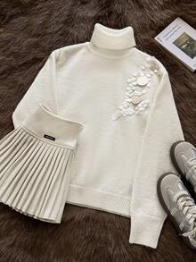 SHEIN Unity Suéter de Lã Elegante Off-White com Gola Alta para Mulheres,Malha Quente de Manga Longa com Bordado de Contas,Estilo Vintage para Brunch,Encontros&Festas - Bege - Visão 5
