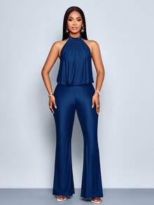 SOLERSUN Women's Fashion Elegant Daily Solid Color Sweet Halter Sleeveless Jumpsuit - Blue - View 7