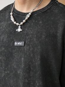 Manfinity Joysei 大码男士黑色休闲做旧水洗T恤，带有“So What”字母贴片设计，适合夏季穿着，可作为朋友的礼物 - 黑色 - 查看 6