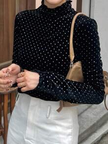 FRIFUL 女式天鹅绒亮面高领紧身休闲T恤长袖上衣 - 黑色 - 查看 3