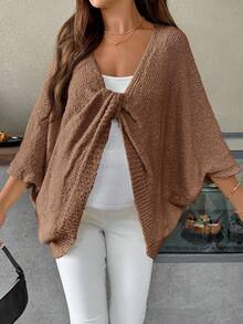 SHEIN Batwing Sleeve Front Twist Decor Solid Color Maternity Sweater Summer Cardigan For Women Brown Maternity Dress Brown Cardigan Maternity Cover Up Maternity Clothes Fall - Brown - View 3