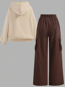 Maija Kids Maija Kids 小男孩纯米色字母印花连帽衫带口袋和休闲慢跑裤两件套，适合日常穿着，街头风格 - 卡其色 - 查看 12