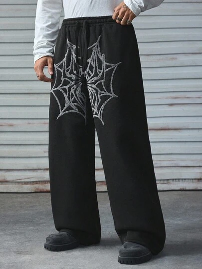 AXEPEAK Men's Drawstring Waist Spider Web Print Loose Fit Casual Sweatpants