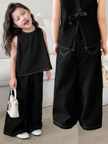 SHEIN Young Girl Summer Casual Bow Decor Denim Top And Jeans Set - Black - View 6