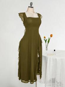 SHEIN ICON Váy ôm cổ vuông viền bèo nhún cỡ lớn, phù hợp cho đám cưới, tiệc tùng, khách dự tiệc, trang phục mùa xuân lãng mạn - xanh quân đội - Xem 8