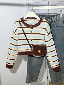 Tween Girl Colorblock Striped Casual Cardigan, Suitable For Home, Outings, Gatherings, Back To School Winter Christmas Halloween Cardigan Sweater Autumn Fall Jumper - Multicolor - View 1