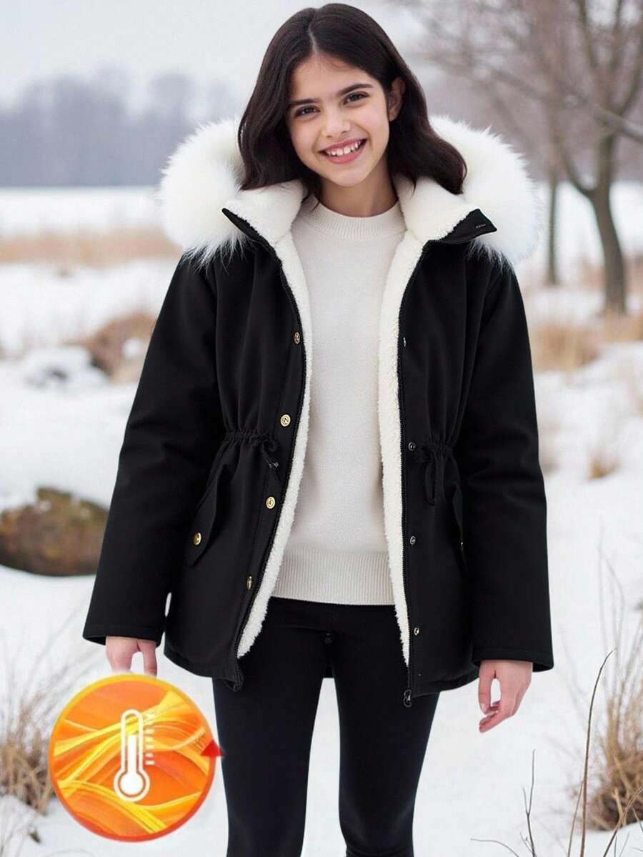 SHEIN Tween Girl Casual Black Fleece Hooded Jacket, Suitable For Ice Skating, Outdoor, Winter Fall - Black - View 1