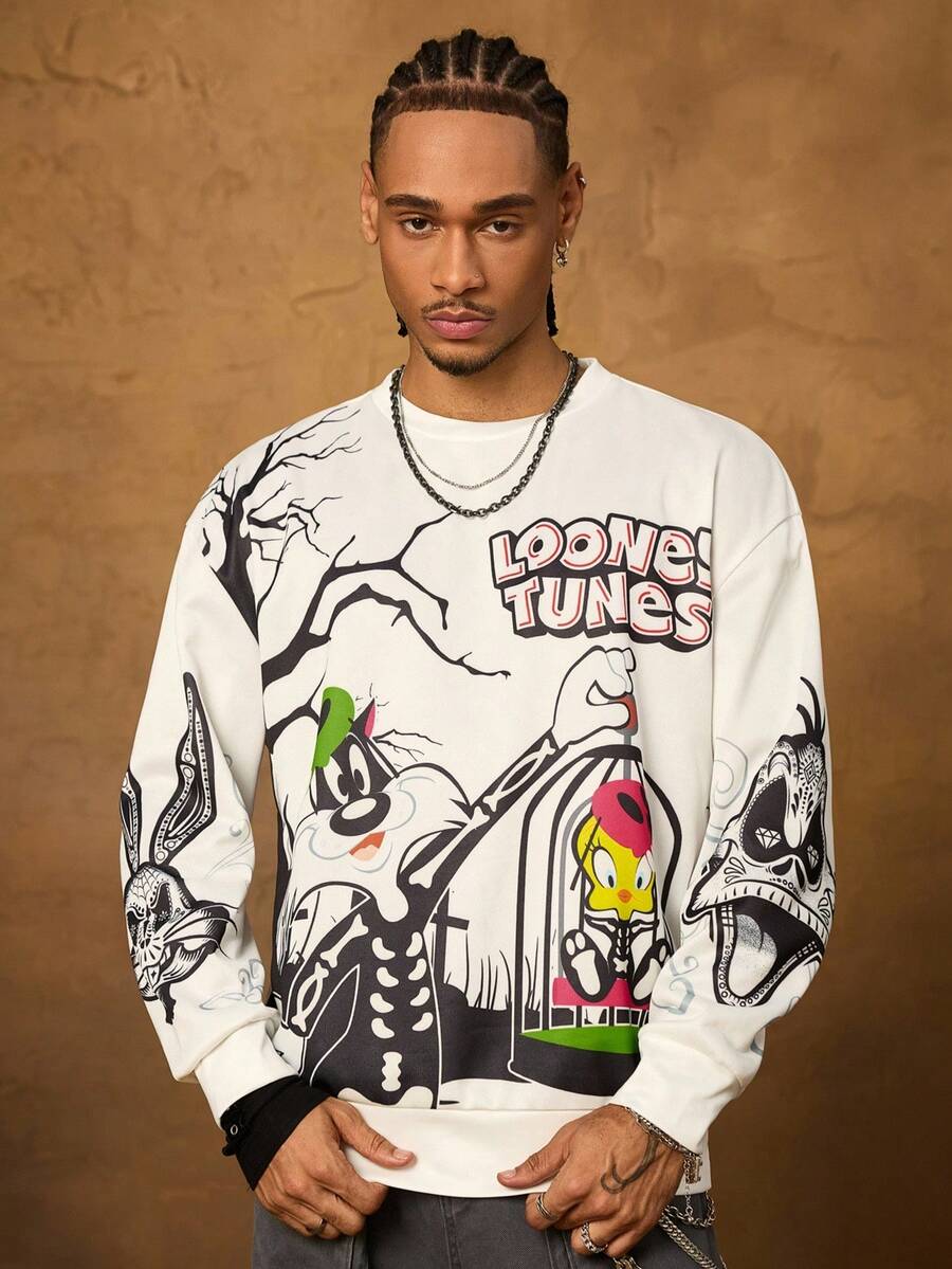 LOONEY TUNES X SHEIN Áo nỉ chui đầu cổ tròn tay dài họa tiết hoạt hình và đầu lâu cho nam, mùa thu - trắng - Xem 1