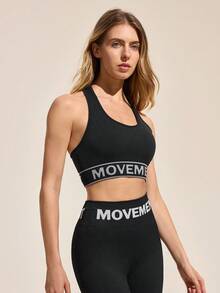 SHEIN Sports Women Letter Knitted Strap Sports Bra For Everyday Workout, Back To School Outfits, Graduation, Back To School, Bras For Daily Wear , Active, Workout, Gym, Padel, Tennis, Pickleball, Boxing - Black - View 1